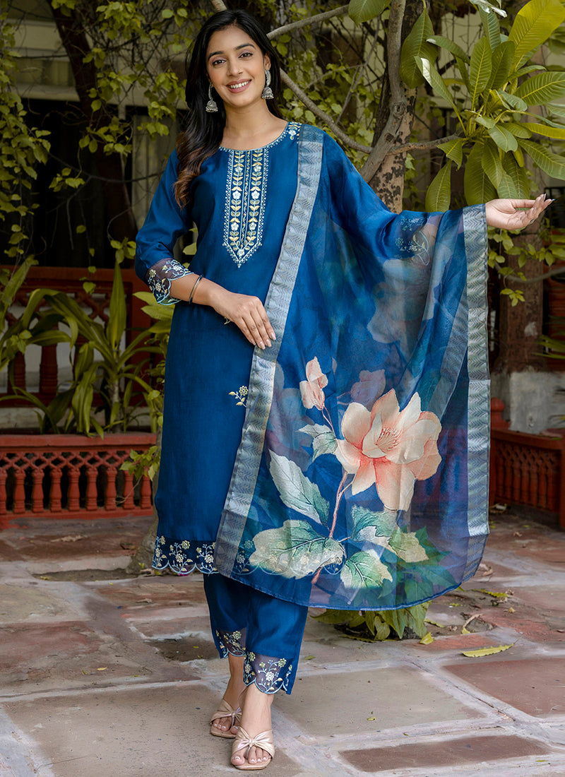 Vellora Viscose Roman Silk Blue Ocassional Wear Embroidery Work Readymade Salwar Suit | Grocsy