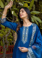 Vellora Viscose Roman Silk Blue Ocassional Wear Embroidery Work Readymade Salwar Suit | Grocsy