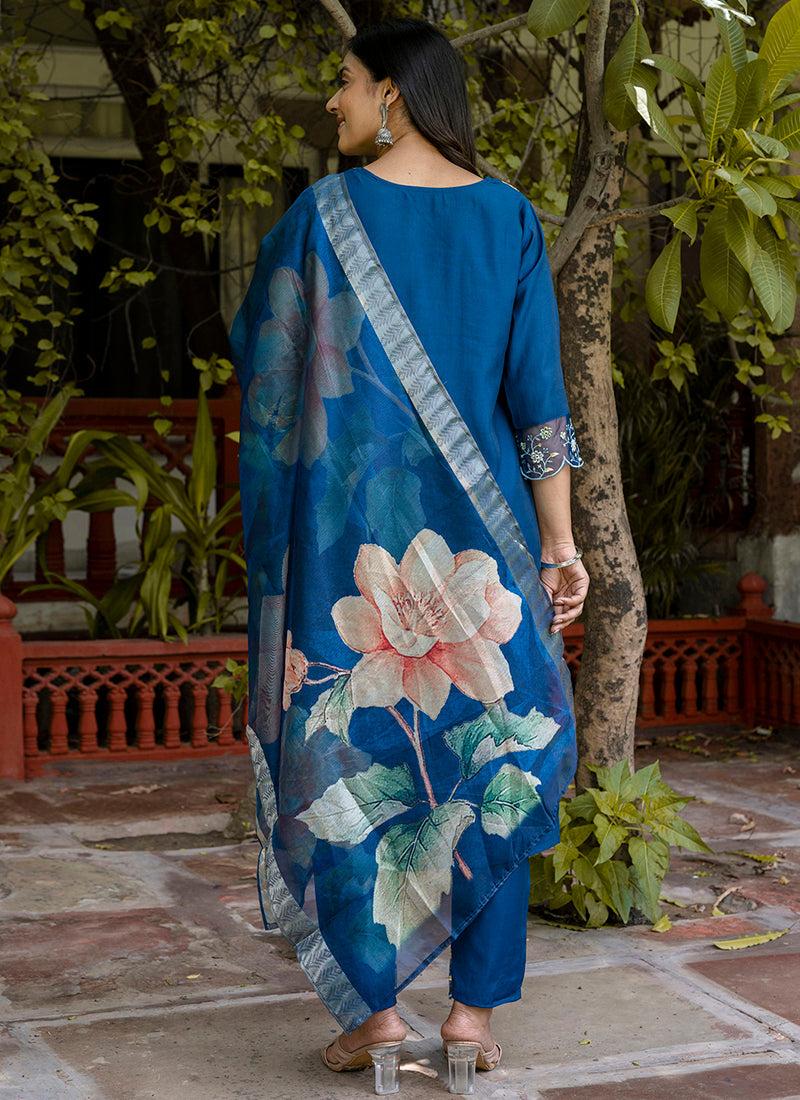 Vellora Viscose Roman Silk Blue Ocassional Wear Embroidery Work Readymade Salwar Suit | Grocsy