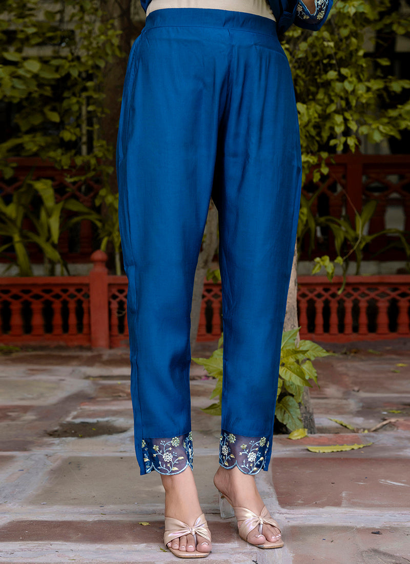 Vellora Viscose Roman Silk Blue Ocassional Wear Embroidery Work Readymade Salwar Suit | Grocsy
