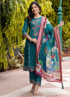 Vellora Viscose Roman Silk Teal Green Festival Wear Embroidery Work Readymade Salwar Suit | Grocsy