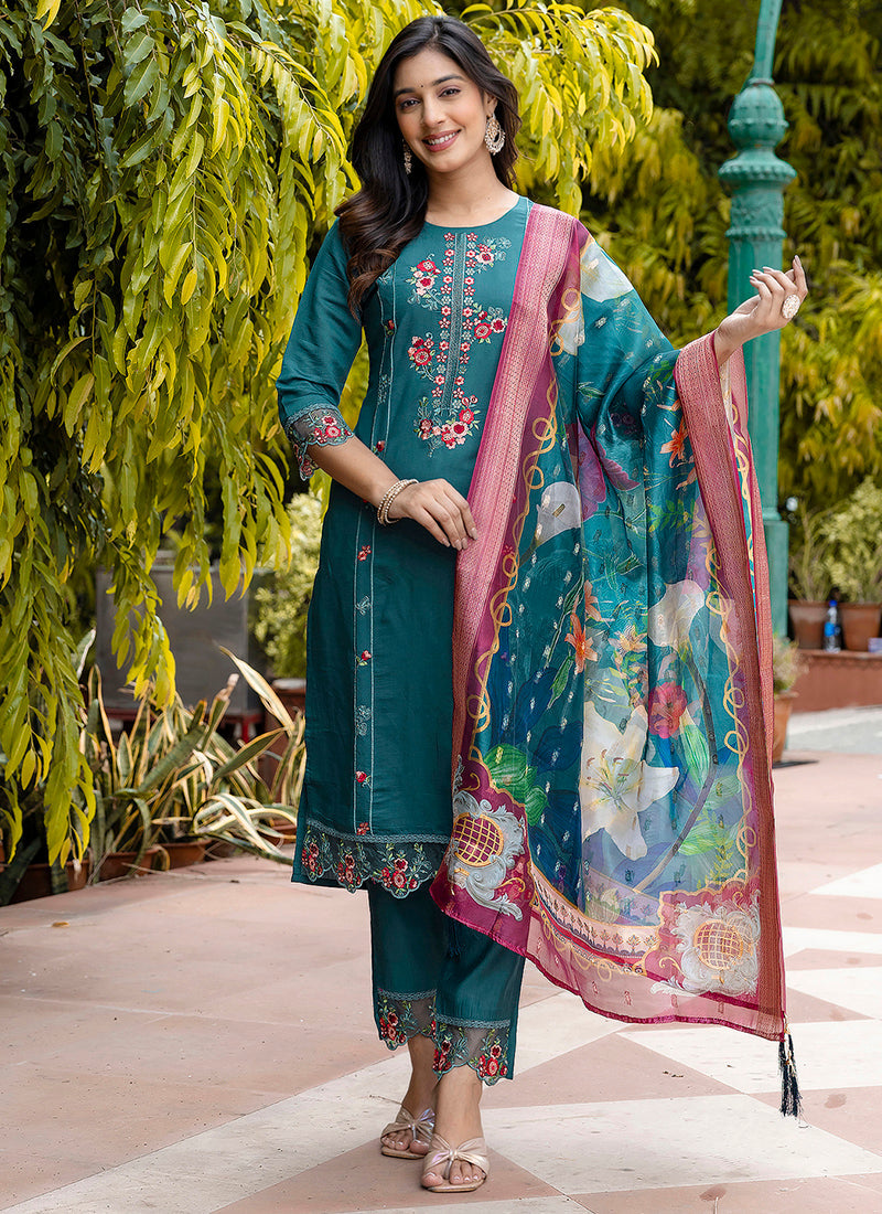 Vellora Viscose Roman Silk Teal Green Festival Wear Embroidery Work Readymade Salwar Suit | Grocsy