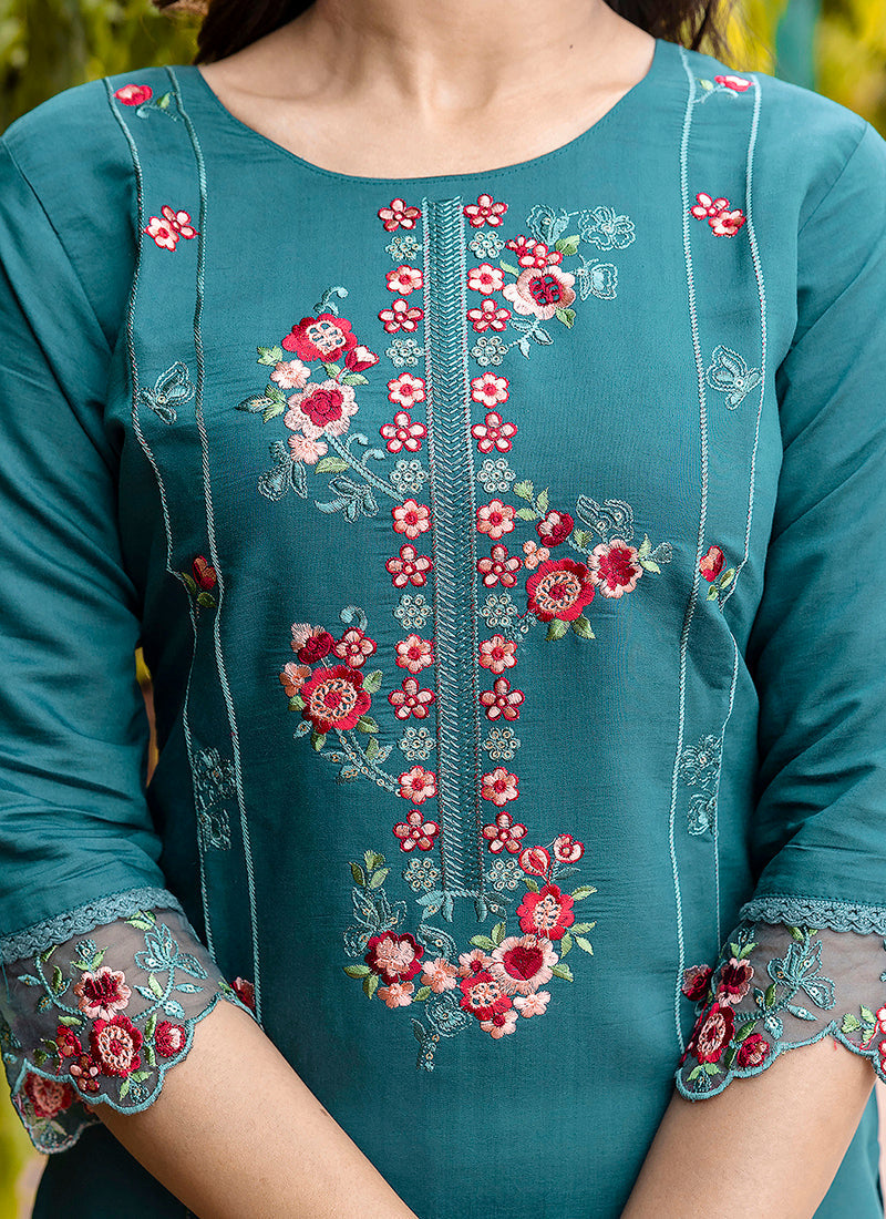 Vellora Viscose Roman Silk Teal Green Festival Wear Embroidery Work Readymade Salwar Suit | Grocsy