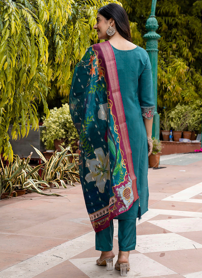 Vellora Viscose Roman Silk Teal Green Festival Wear Embroidery Work Readymade Salwar Suit | Grocsy