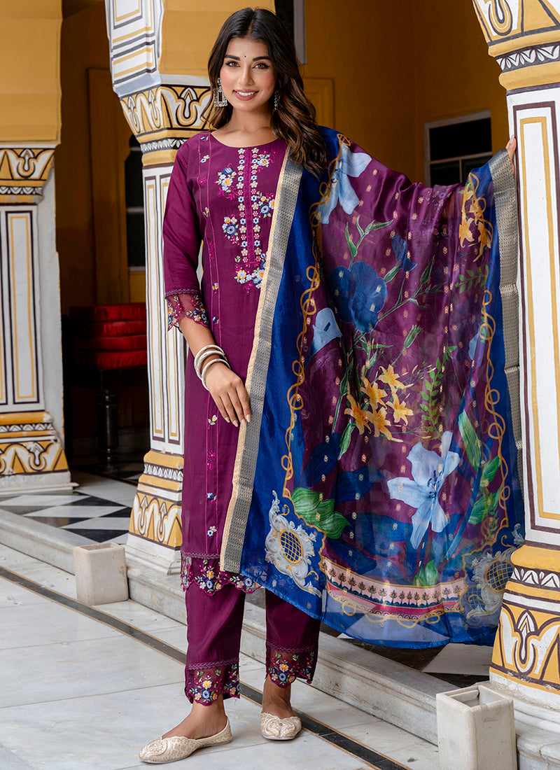 Vellora Viscose Roman Silk Wine Festival Wear Embroidery Work Readymade Salwar Suit | Grocsy