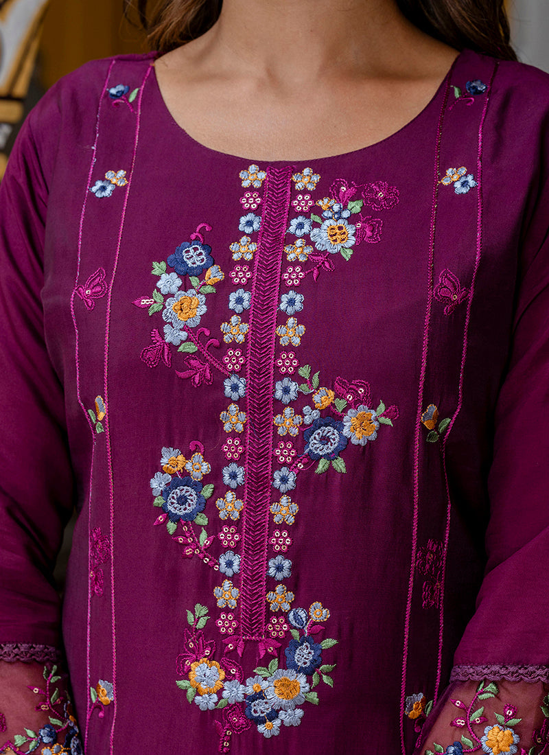 Vellora Viscose Roman Silk Wine Festival Wear Embroidery Work Readymade Salwar Suit | Grocsy