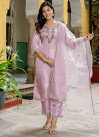 Vellora Silk Blend Baby Pink Casual Wear Embroidery Work Readymade Salwar Suit | Grocsy