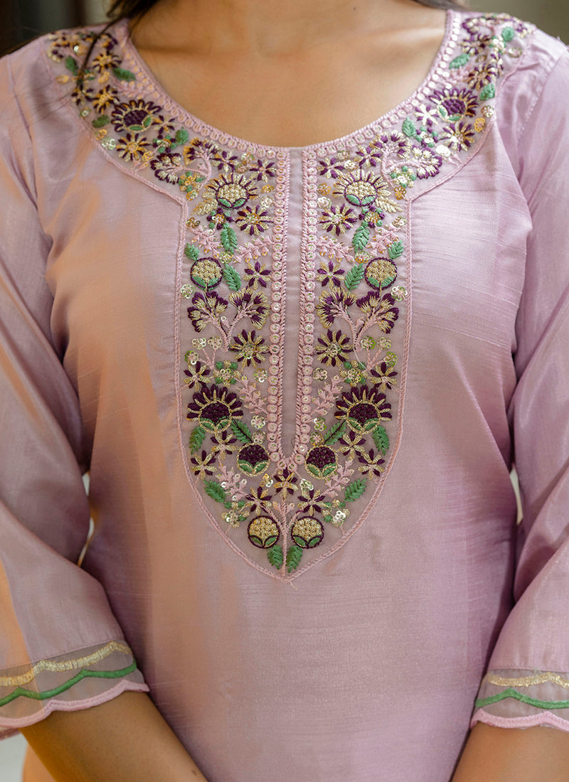 Vellora Silk Blend Baby Pink Casual Wear Embroidery Work Readymade Salwar Suit | Grocsy