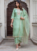Vellora Silk Blend Light Green Casual Wear Embroidery Work Readymade Salwar Suit | Grocsy