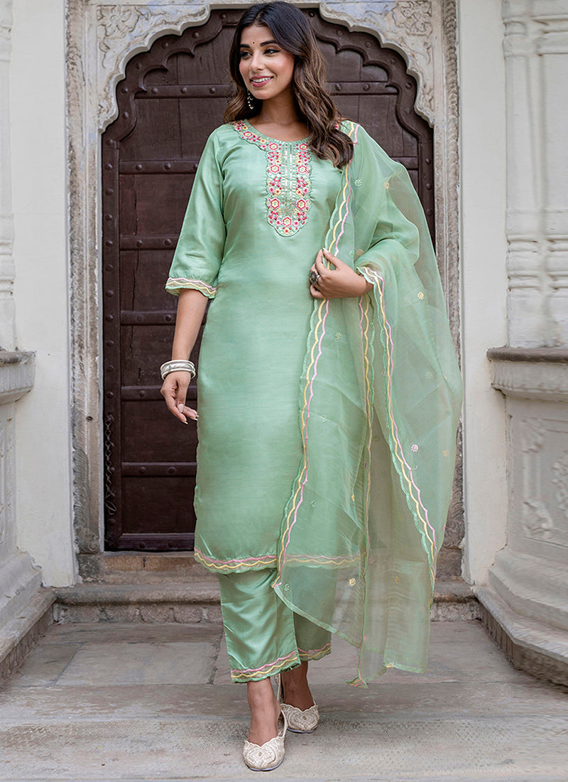 Vellora Silk Blend Light Green Casual Wear Embroidery Work Readymade Salwar Suit | Grocsy