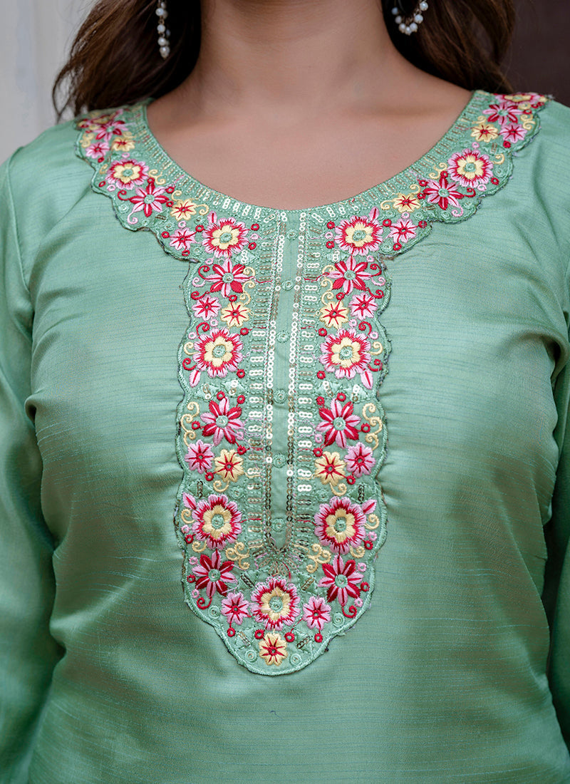 Vellora Silk Blend Light Green Casual Wear Embroidery Work Readymade Salwar Suit | Grocsy