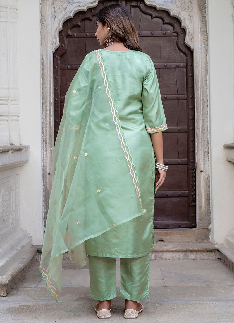 Vellora Silk Blend Light Green Casual Wear Embroidery Work Readymade Salwar Suit | Grocsy