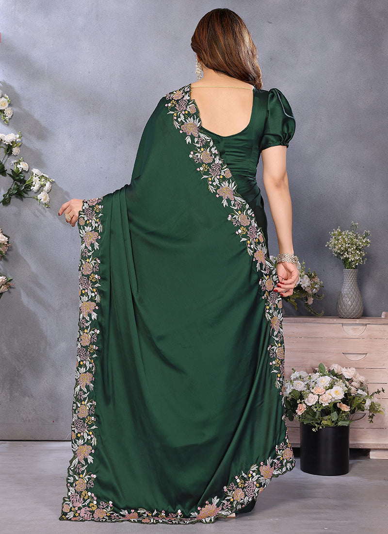 Vellora Embroidery Work Satin Dark Green Festival Wear Saree | Grocsy