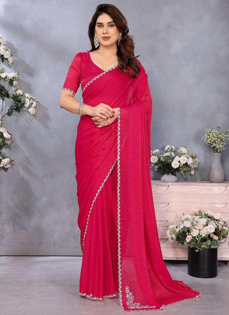 Vellora Lace Embroidery Work Fandy Chiffon Rani Pink Saree | Grocsy