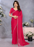 Vellora Lace Embroidery Work Fandy Chiffon Rani Pink Saree | Grocsy