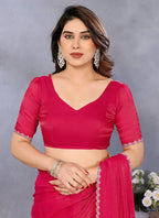Vellora Lace Embroidery Work Fandy Chiffon Rani Pink Saree | Grocsy