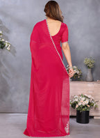 Vellora Lace Embroidery Work Fandy Chiffon Rani Pink Saree | Grocsy