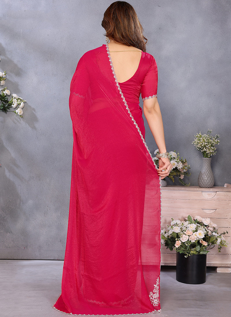 Vellora Lace Embroidery Work Fandy Chiffon Rani Pink Saree | Grocsy
