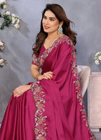 Vellora Magenta Pink Satin Festival Wear Embroidery Work Saree | Grocsy