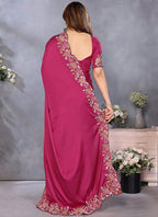 Vellora Magenta Pink Satin Festival Wear Embroidery Work Saree | Grocsy