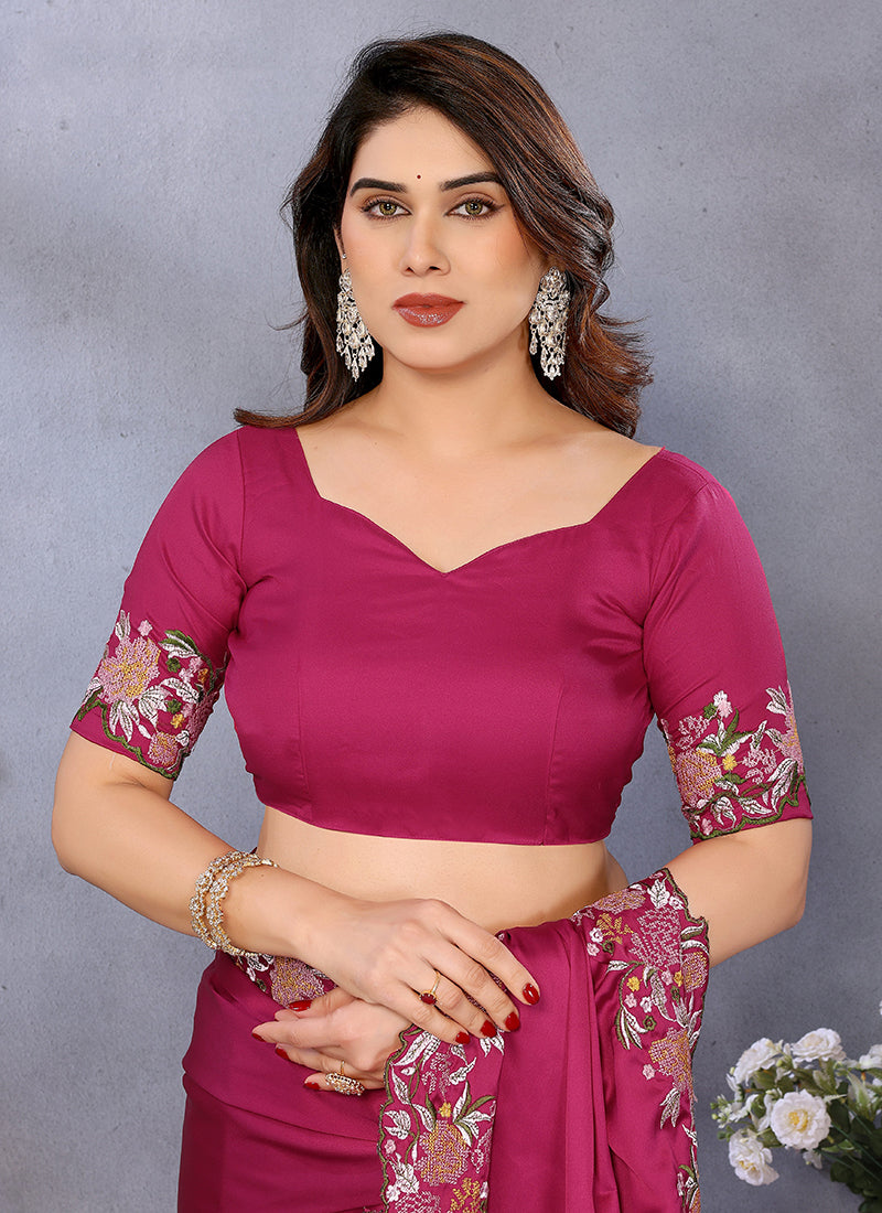 Vellora Magenta Pink Satin Festival Wear Embroidery Work Saree | Grocsy
