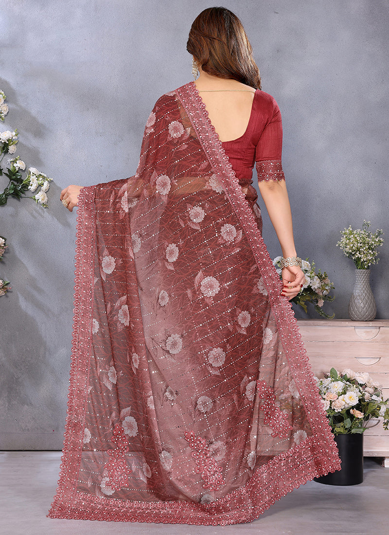 Vellora Brown Tikli Lace Embroidery Work Designer Saree | Grocsy