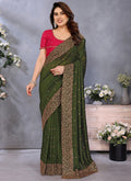 Vellora Zari Embroidery Work Vichitra Dark Green Festival Wear Saree | Grocsy