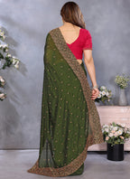 Vellora Zari Embroidery Work Vichitra Dark Green Festival Wear Saree | Grocsy