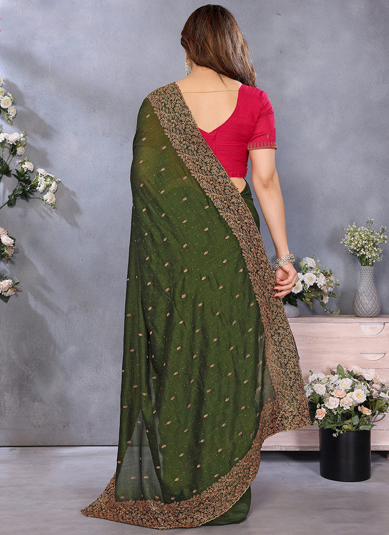 Vellora Zari Embroidery Work Vichitra Dark Green Festival Wear Saree | Grocsy