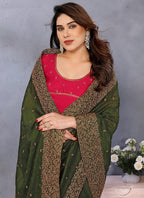 Vellora Zari Embroidery Work Vichitra Dark Green Festival Wear Saree | Grocsy