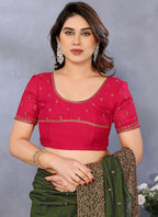 Vellora Zari Embroidery Work Vichitra Dark Green Festival Wear Saree | Grocsy