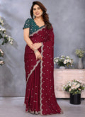 Vellora Maroon Silky Cross Embroidery Work Party Wear Saree | Grocsy