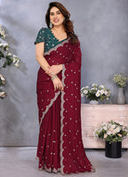 Vellora Maroon Silky Cross Embroidery Work Party Wear Saree | Grocsy