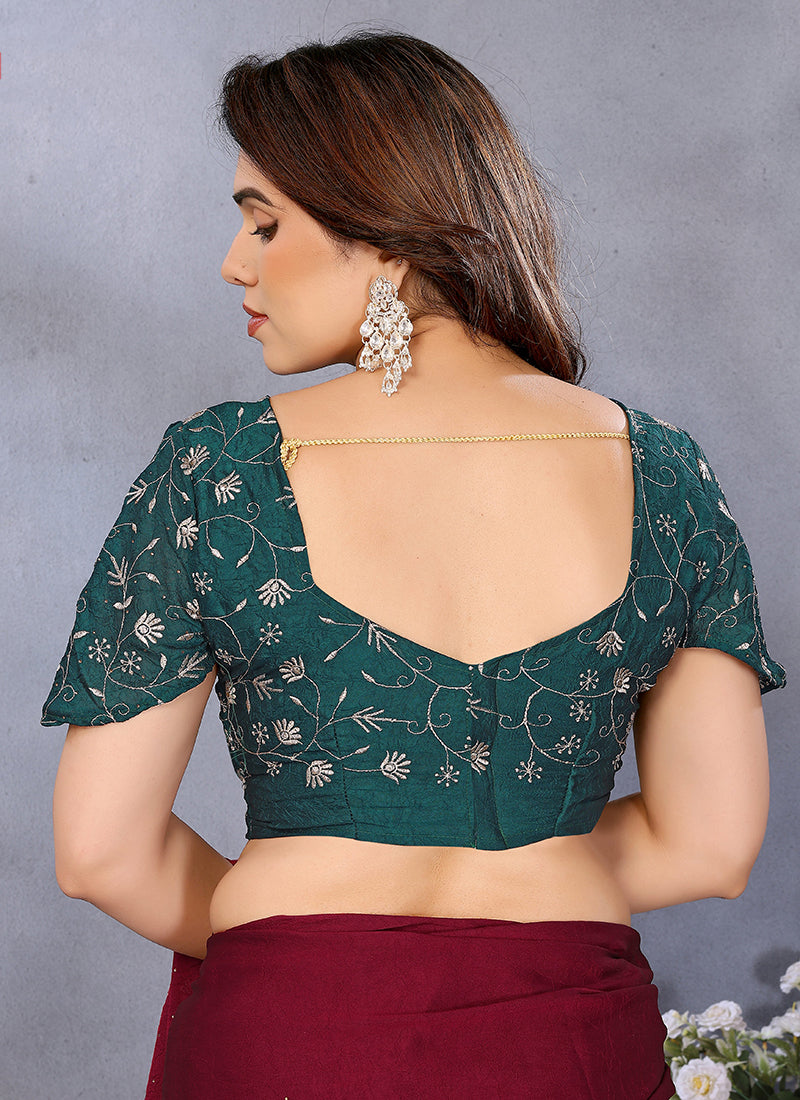 Vellora Maroon Silky Cross Embroidery Work Party Wear Saree | Grocsy