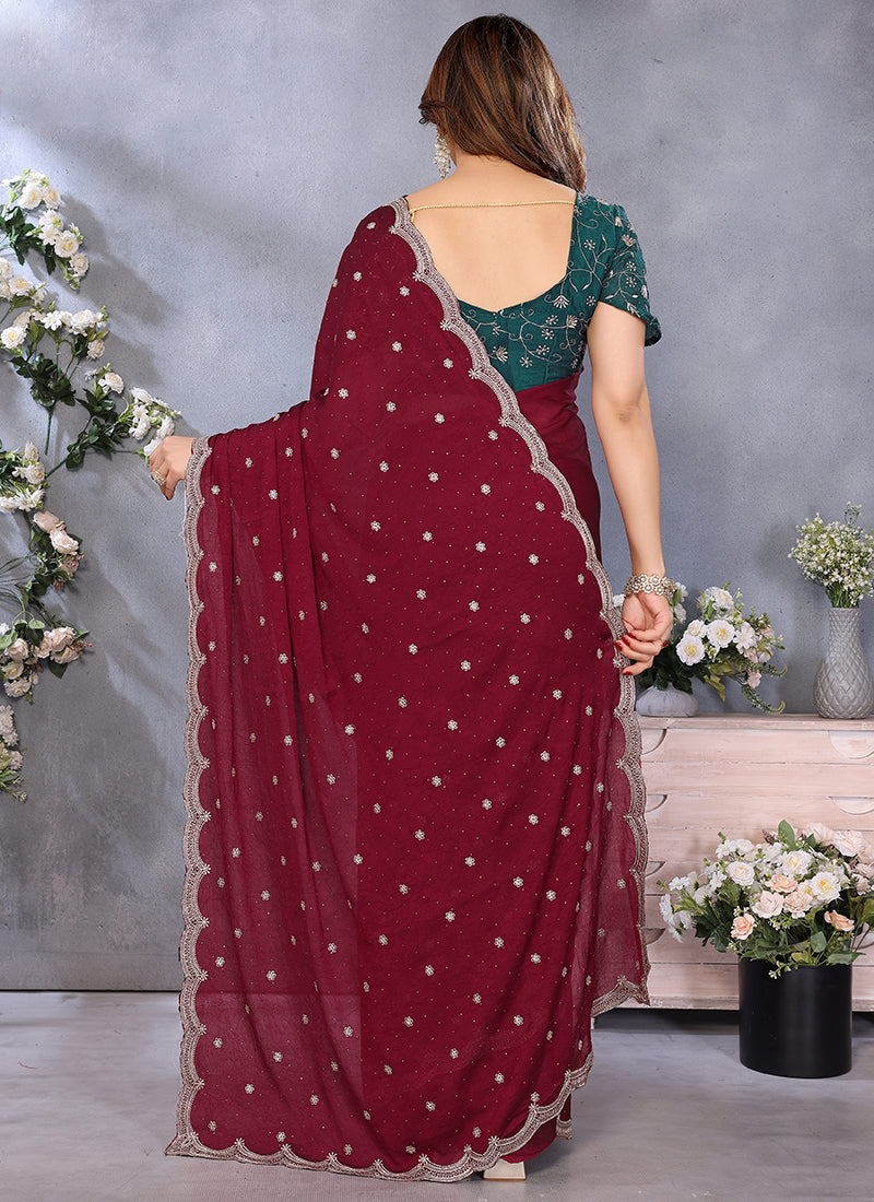 Vellora Maroon Silky Cross Embroidery Work Party Wear Saree | Grocsy