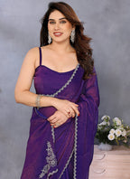 Vellora Violet Fandy Chiffon Lace Embroidery Work Saree | Grocsy