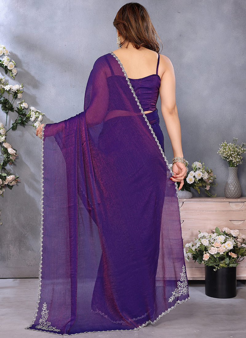 Vellora Violet Fandy Chiffon Lace Embroidery Work Saree | Grocsy