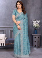 Vellora Sky Blue Vichitra Designer Embroidery Work Saree | Grocsy