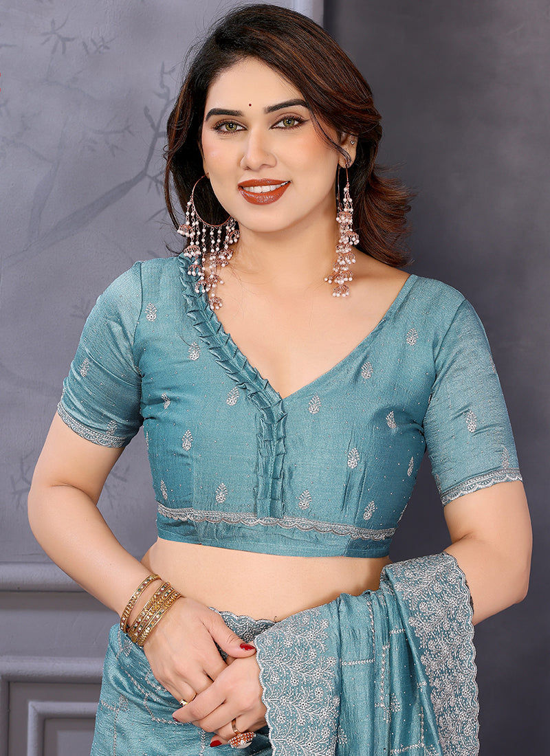 Vellora Sky Blue Vichitra Designer Embroidery Work Saree | Grocsy
