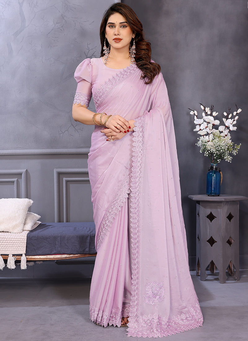Vellora Border Work Rangoli Baby Pink Festival Wear Saree | Grocsy
