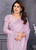 Vellora Border Work Rangoli Baby Pink Festival Wear Saree | Grocsy