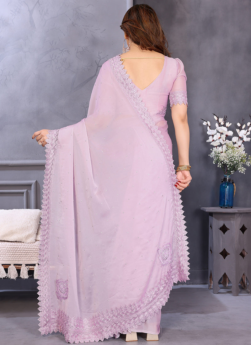 Vellora Border Work Rangoli Baby Pink Festival Wear Saree | Grocsy