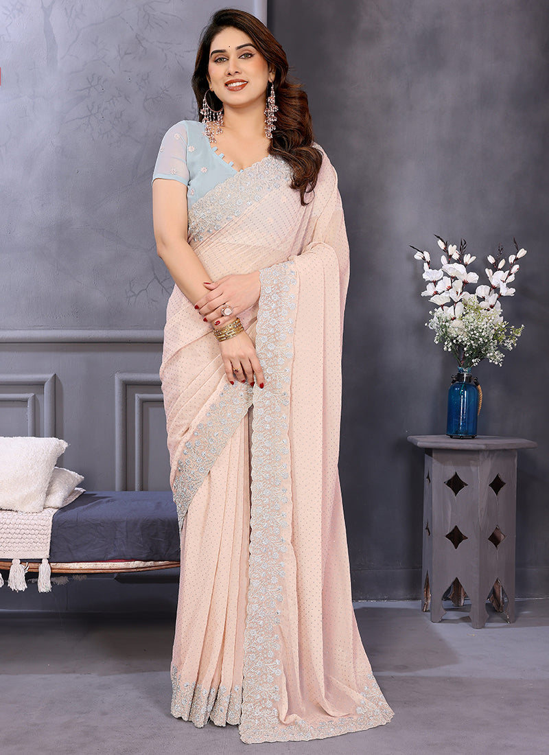 Vellora Dewdrop Cream Georgette Border Work Designer Saree | Grocsy