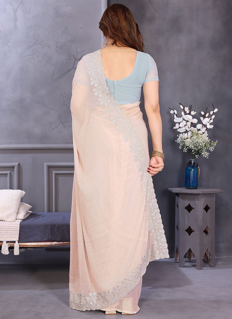 Vellora Dewdrop Cream Georgette Border Work Designer Saree | Grocsy