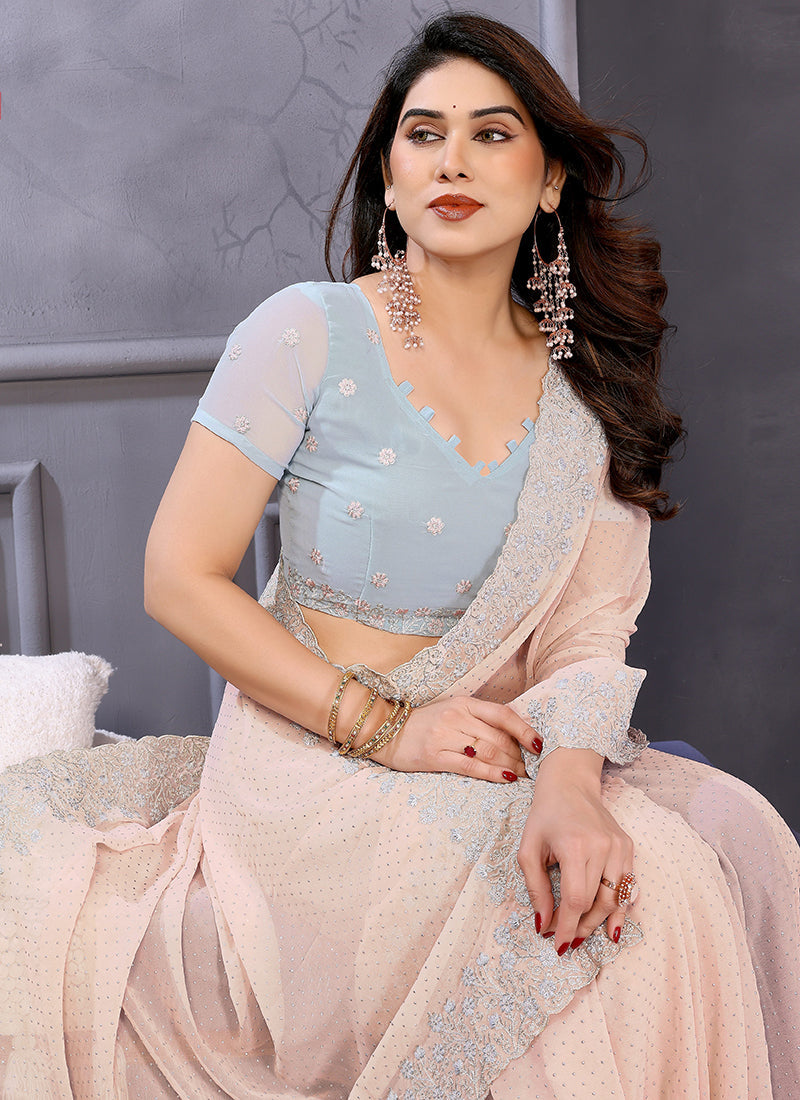 Vellora Dewdrop Cream Georgette Border Work Designer Saree | Grocsy