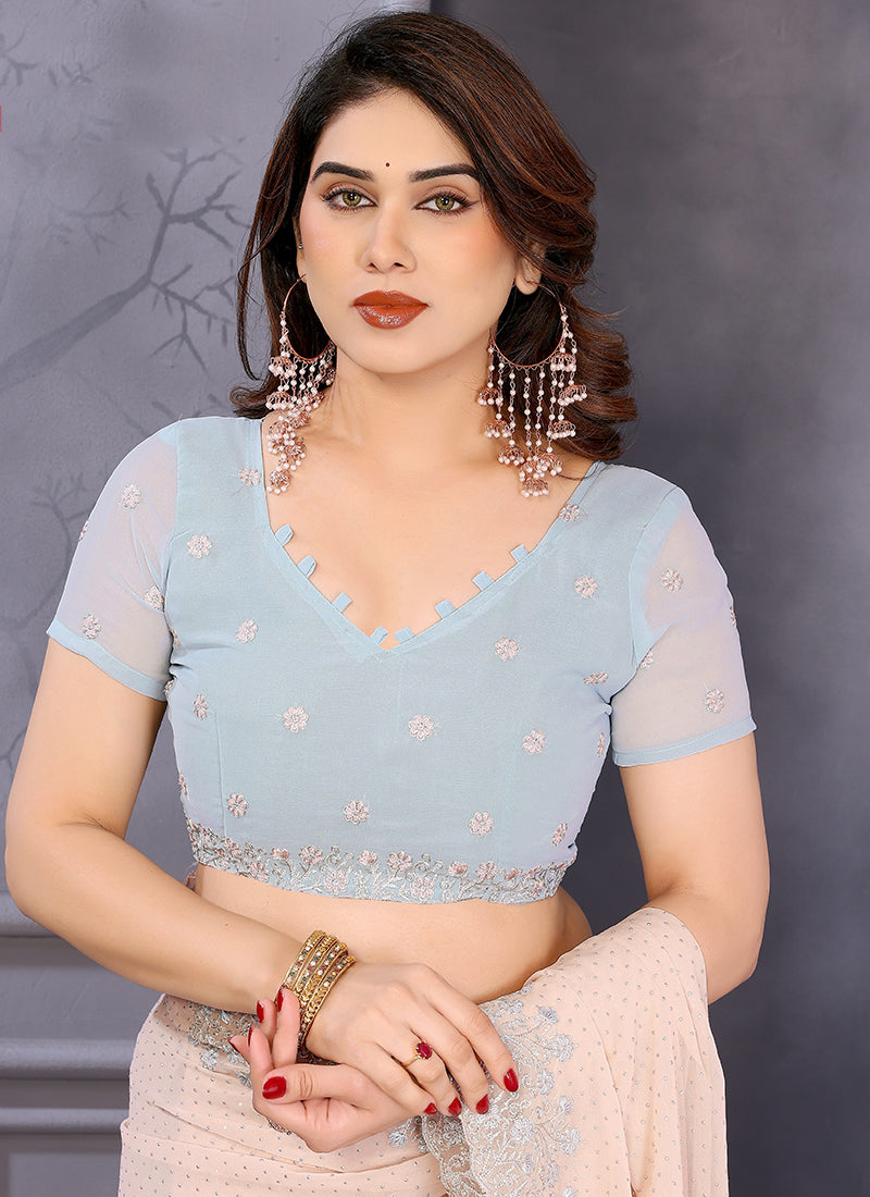 Vellora Dewdrop Cream Georgette Border Work Designer Saree | Grocsy