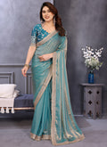 Vellora Sea Green Fandy Satin Embroidery Work Saree | Grocsy