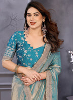 Vellora Sea Green Fandy Satin Embroidery Work Saree | Grocsy