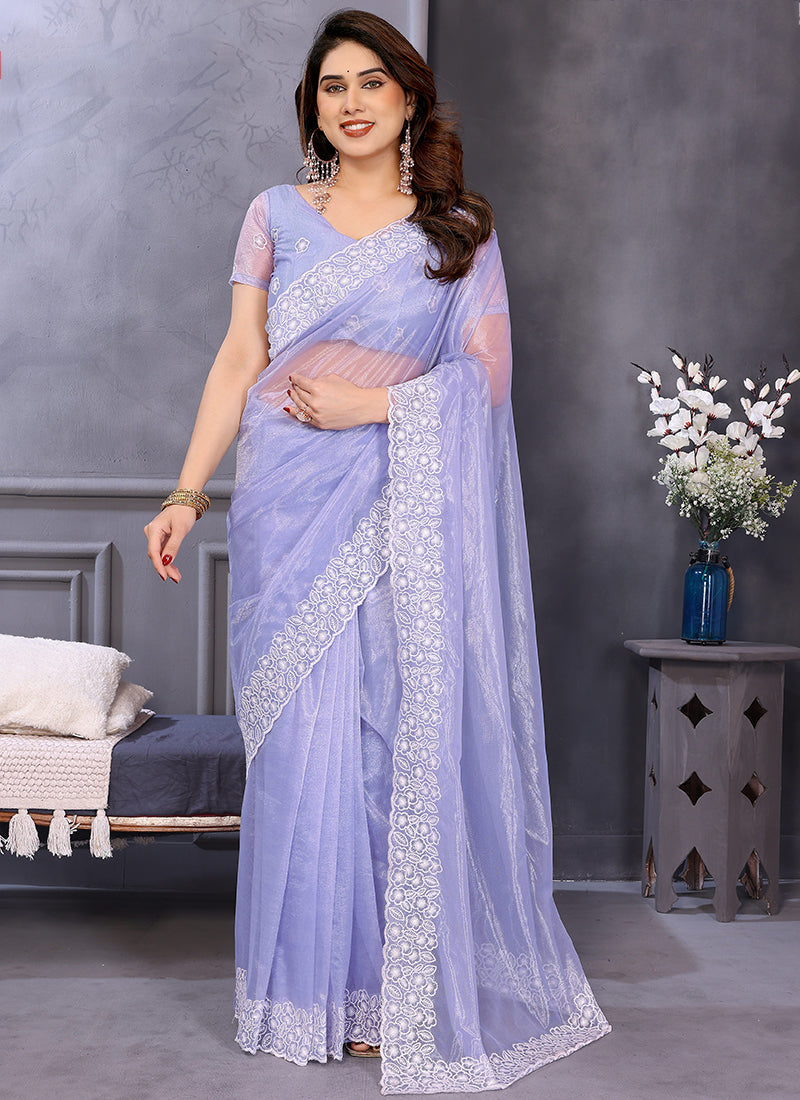 Vellora Lavender Twill Net Border Work Festival Wear Saree | Grocsy