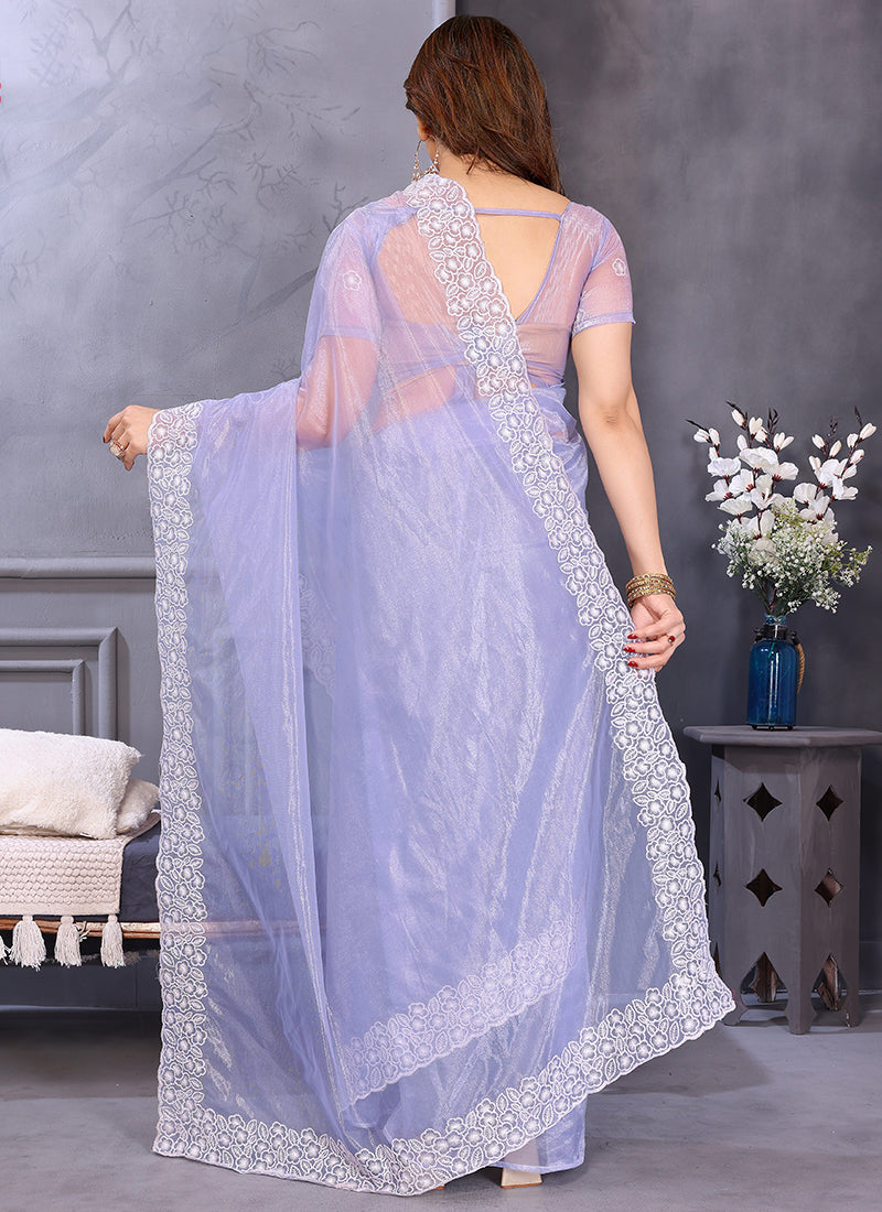 Vellora Lavender Twill Net Border Work Festival Wear Saree | Grocsy